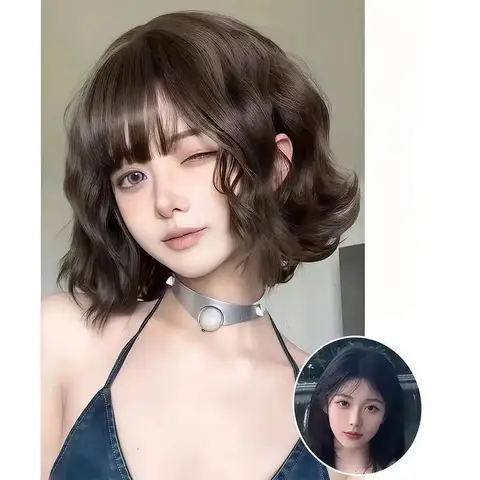 Black Brown Air Bangs Short Curly Hair Synthetic Wig Natural Fashion Lazy Curly Short Hair Wig Lolita Wig