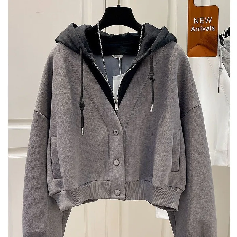 Women Spring Autumn New Korean Coat Hooded Fake Two-piece Pullover Sweatshirt Jacket Stitching Design Sense Outwear Top Ladies