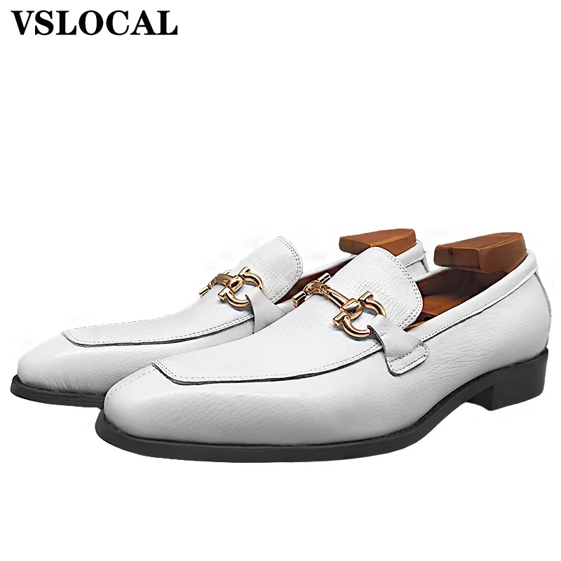 

Luxury Men Leather Shoes Black White Horsebit Loafers Slip on Formal Men Dress Shoes Wedding Office Casual Shoes For Men