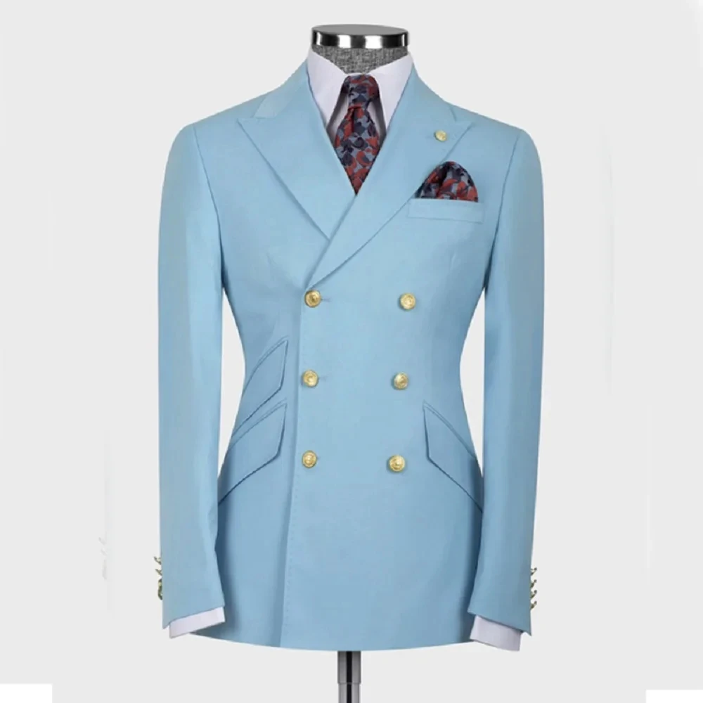 

Custom Sky Blue Classic Men Suit Double Breasted Tuexdo Slim Fit Wedding Groom Male Blazer 2 Piece Elegant Homme Pour Mariage