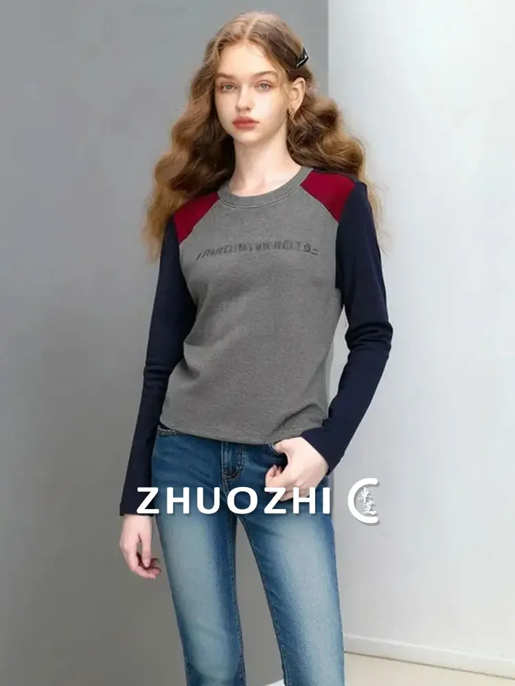 

Футболка ZhuoZhi с американским цветным блочным принтом и надписью, круглый вырез, модная, универсальная, осенняя новинка, классический узор для повседневной носки