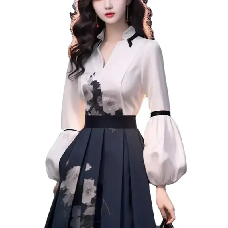 

az15Women's Set Long Sleeved Blouse Top Autumn Spring High End Chinese Elegant Temperament Goddess Show Thin Print Skirt S