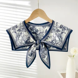 Korean Style Decorative Fake Collar Shawl Blue And White Porcelain Printed Scarf Daily Cape Wraps Vintage Short Poncho Capele