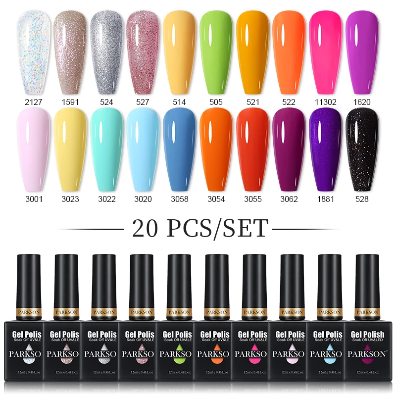 Parkson 12ml Gel Nail Polish Set - 20 Colors Summer Spring Candy Sweet Purple Blue Green Semi Permanent Varnish for Women, Girl