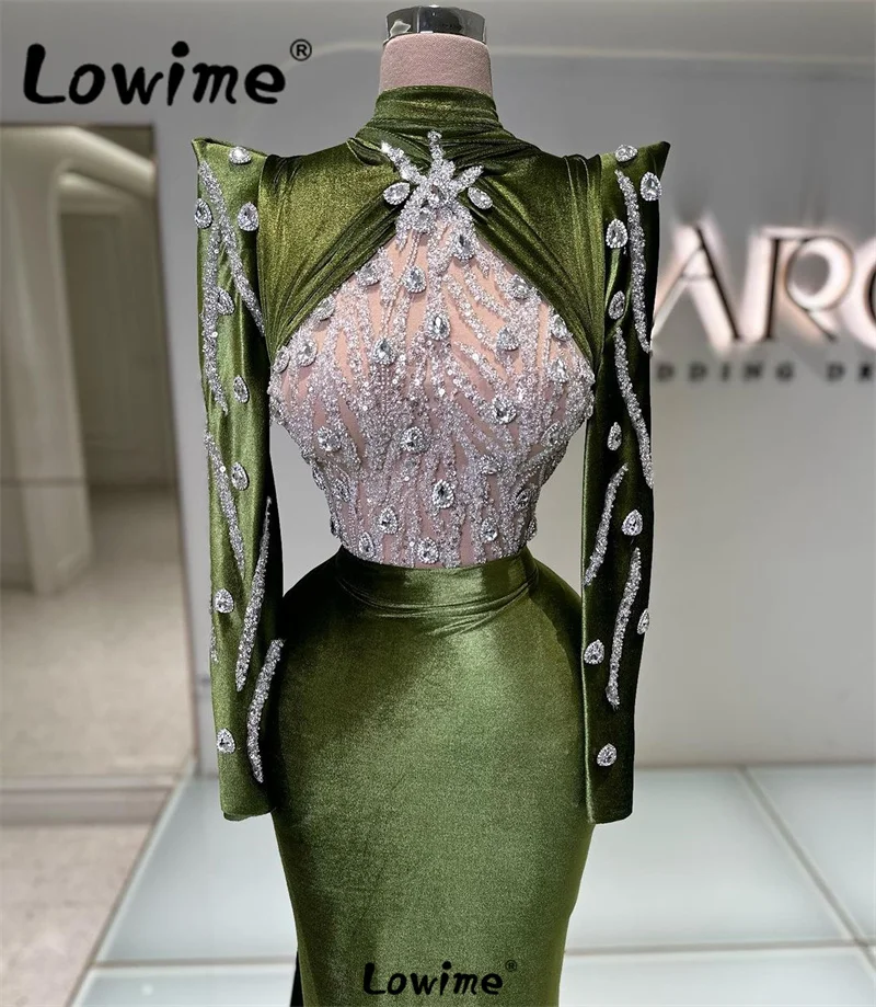 Lowime Green Party Dress High Neck Long Sleeves Crystal Rhinestone Mermaid Luxury Formal Prom Gowns Wedding Evening Dresses Robe