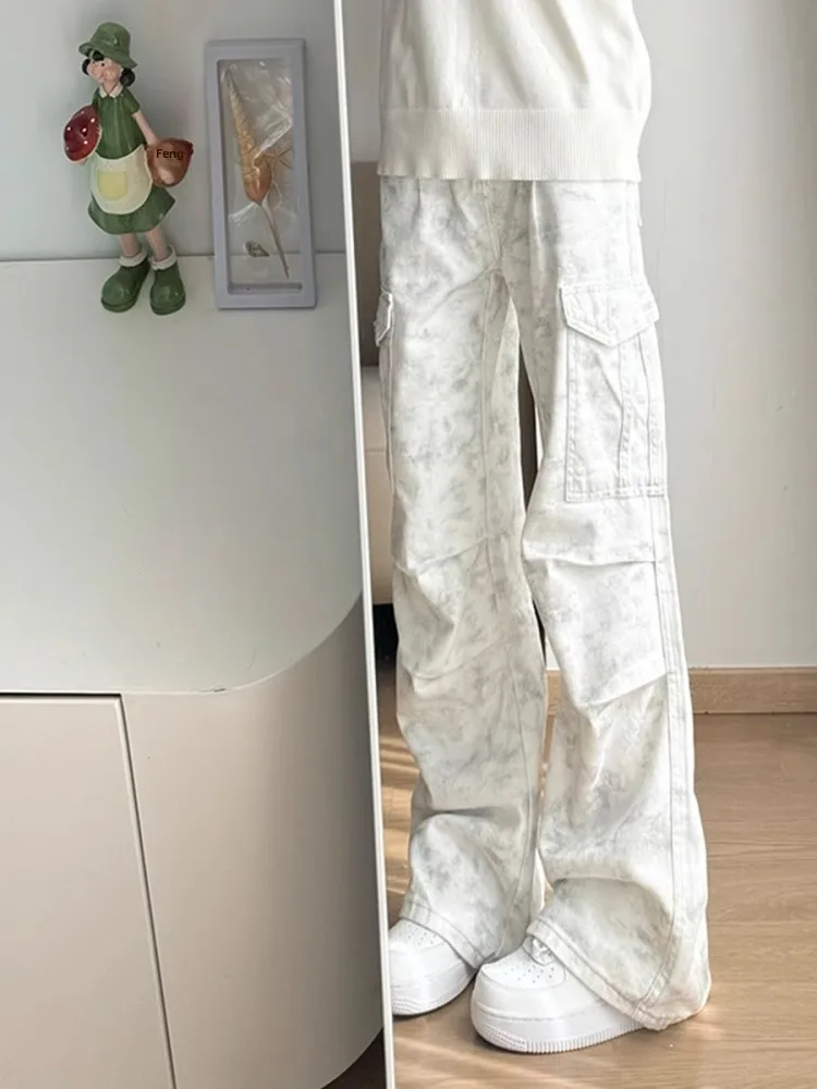 

White Dyed Paratrooper Workwear Pants Men Women Summer Thin American Pleated Loose Micro Flared Straight Leg Jeans