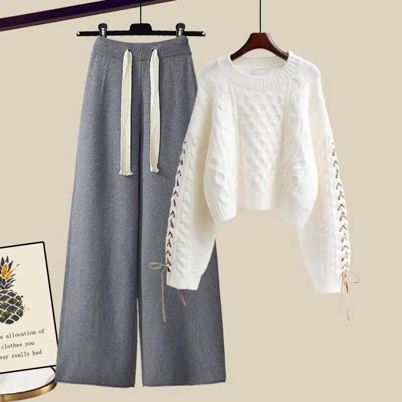 Conjunto de dos piezas para mujer, suéter de punto con temperamento y pantalones de pierna ancha informales, a la moda, Otoño e Invierno