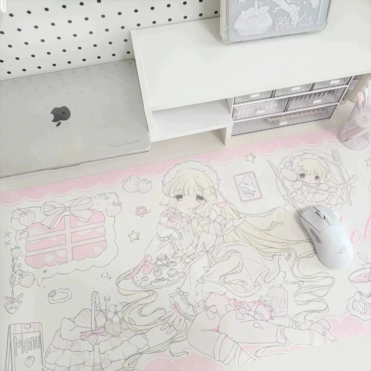 Cute Cartoon Strawberry Girl Leather Mouse Pad Non Slip Anti-fouling Waterproof Desk Mat Keyboard Pad For PC Laptop Home Office