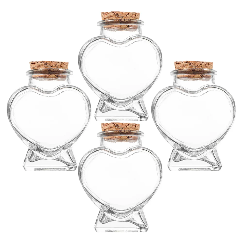 

4Pcs Glass Heart Shaped Wishing Bottles Clear Decorative Storage Bottles Cork Drift Bottle DIY Craft Container Miniature Glass