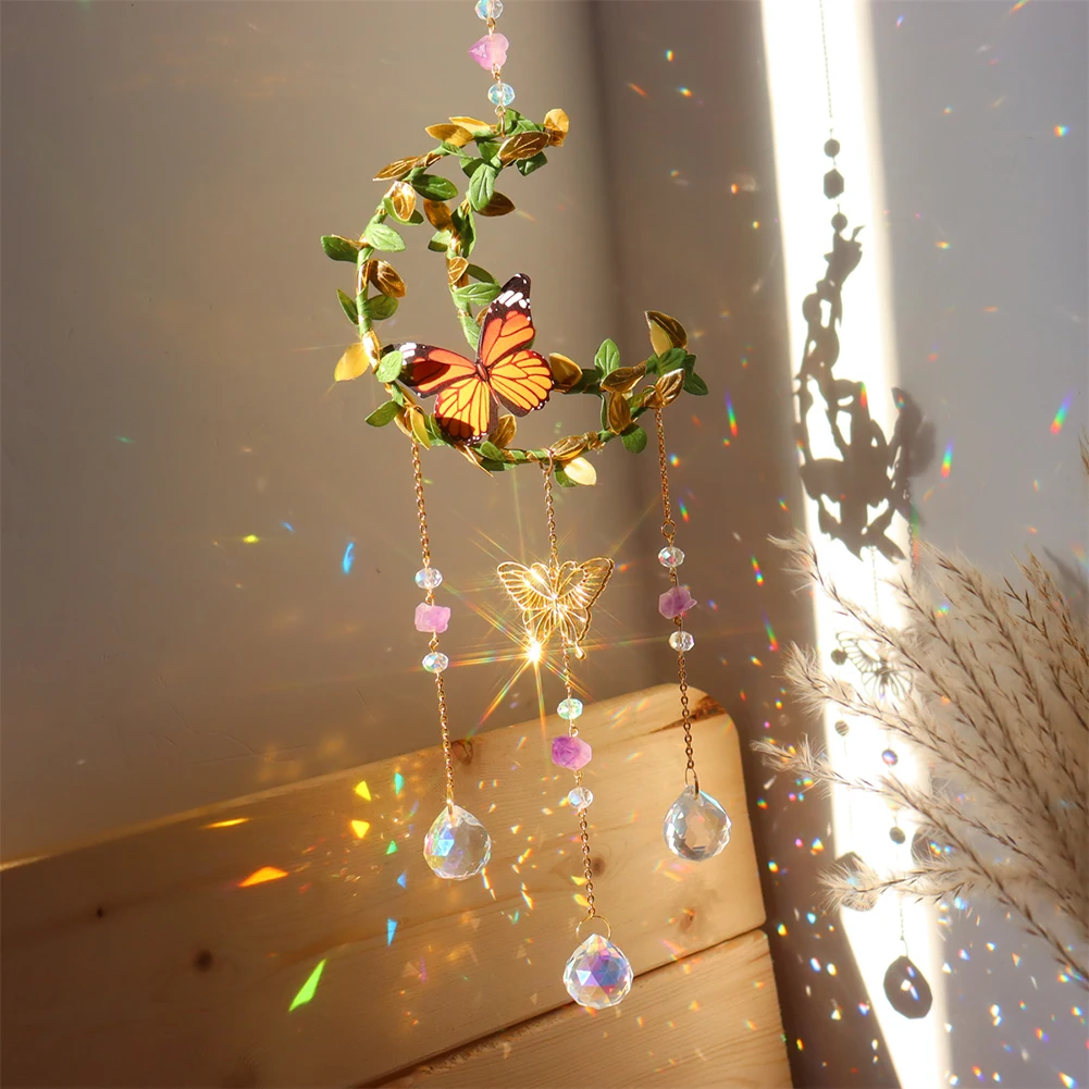 Crystals Wind Chime Star Moon Butterfly Hanging Ornament Sun Catcher Diamond Prisms Rainbow Maker Pendant Home Garden Decor