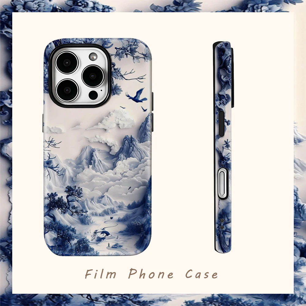 Blau-weiße Landschaftskunst iPhone 18 Handyhülle – Must-Haves: Doppellagige Rückabdeckung für Pro Max Plus, kompatibel mit iPhone 17, 16, 15