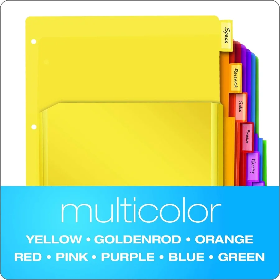 Divisori per raccoglitori in plastica espandibili Divisori per raccoglitori a 3 anelli Tasche frontali flessibili espandibili 8 linguette Schede multicolori inseribili L