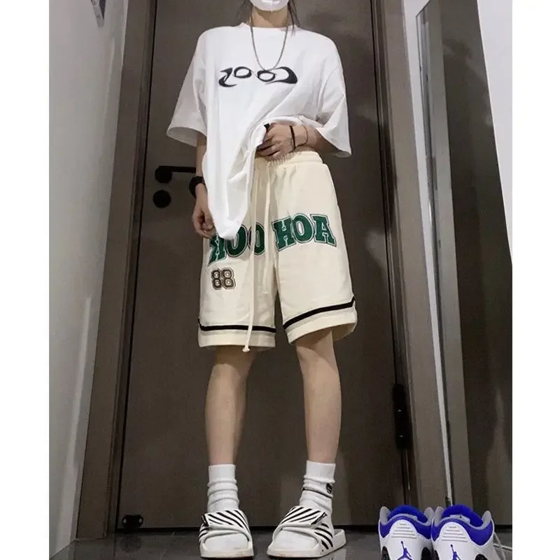 Streetwear Loose Short Pants Cotton Elastic Drawstring Shorts Men Print Half Knee Summer Pants Women Short Trousers Unisex