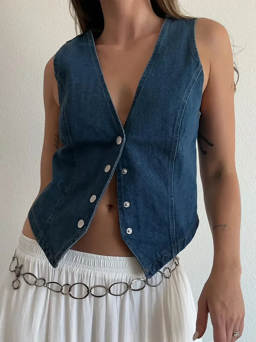 Vintage Women Denim Vest Corset Sleeveless Waistcoat V-Neck Tank Tops Button Down Irregular Hem Jean Slim Jackets Y2K