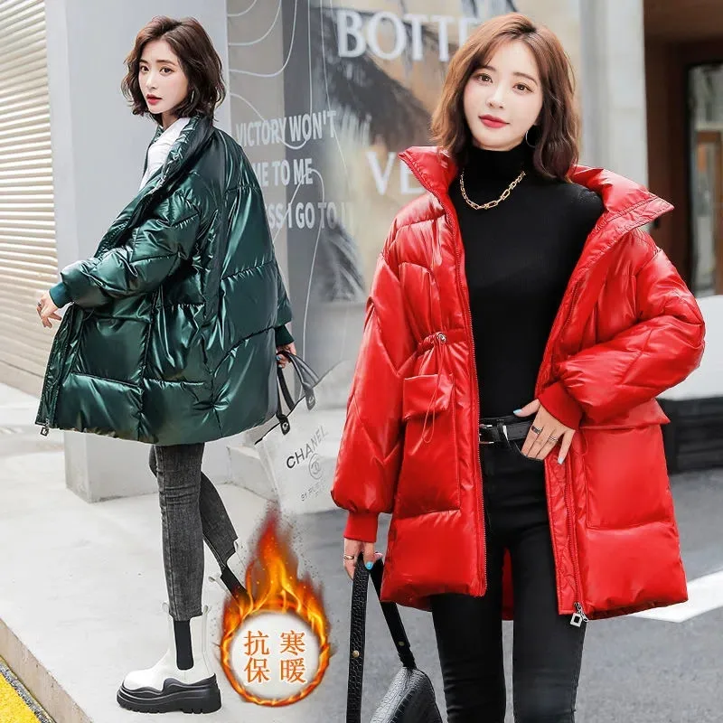 Winter New Glossy Waived Wash Down Cotton Clothes Women Mid-Length Cotton Coat Korean Version Loose Receive Waist Padded Jacket
