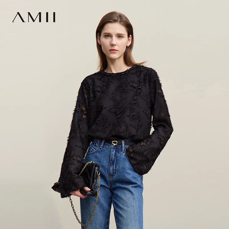 

Женская блузка Amii 2026: Новинка Весны, Элегантная прямая шифоновая рубашка с круглым вырезом, Деловой пуловер с длинным рукавом для женщин, 12611033