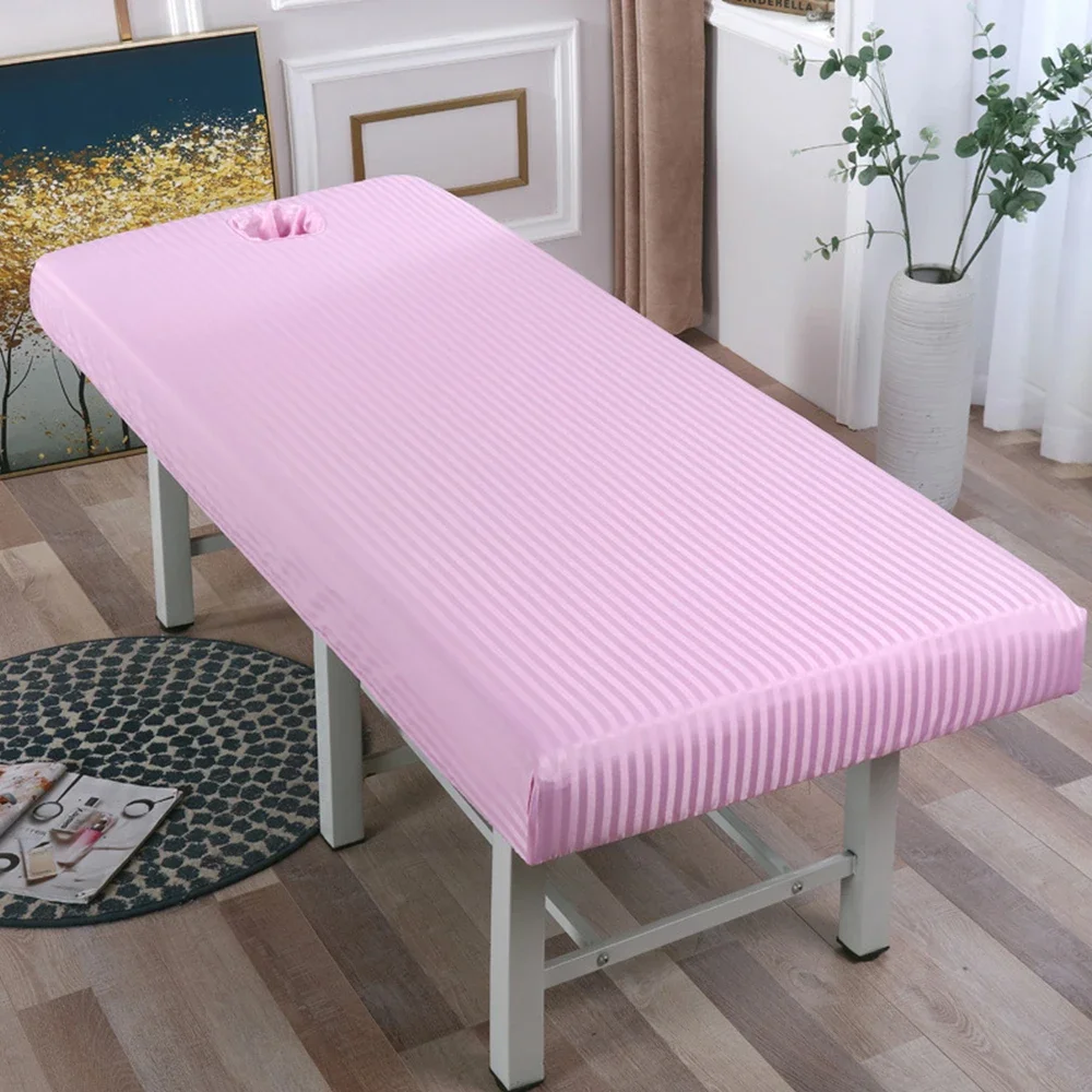 Drap-housse de table de massage blanc, couverture complète élastique, traitement de massage, polyester cosmétique, lit SPA avec trou pour le visage