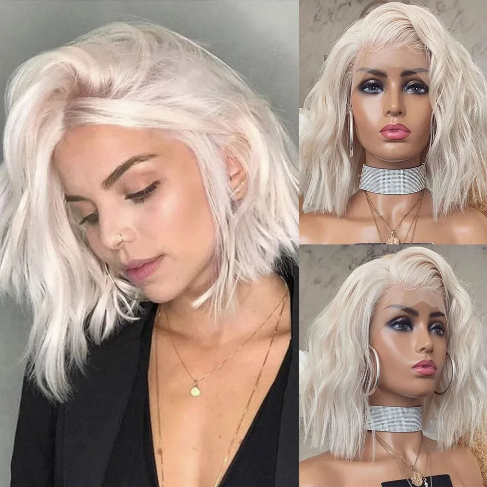 Platinum Short Wavy Bob Hair Natural Wave Makeup Daily Use Synthetic And Blend 13x4 HD Lace Front Wigs White Women Blonde Hair