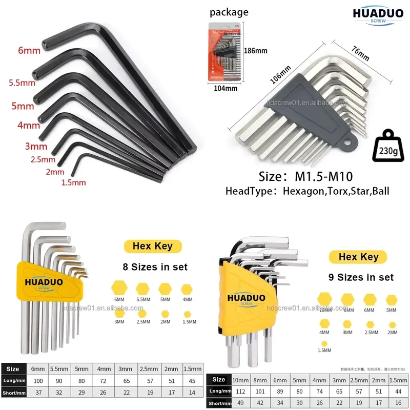 Customized High Strength Stainless Steel L Shaped Hex Wrench Set M4 M5 Long Short Allen Key Tool Kit Easy to Organize