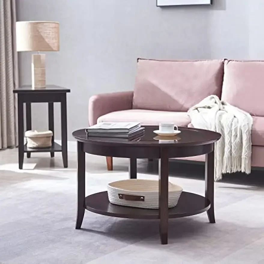 Mesa de centro redonda com tampo de vidro e prateleira, carvalho chocolate, 30 polegadas