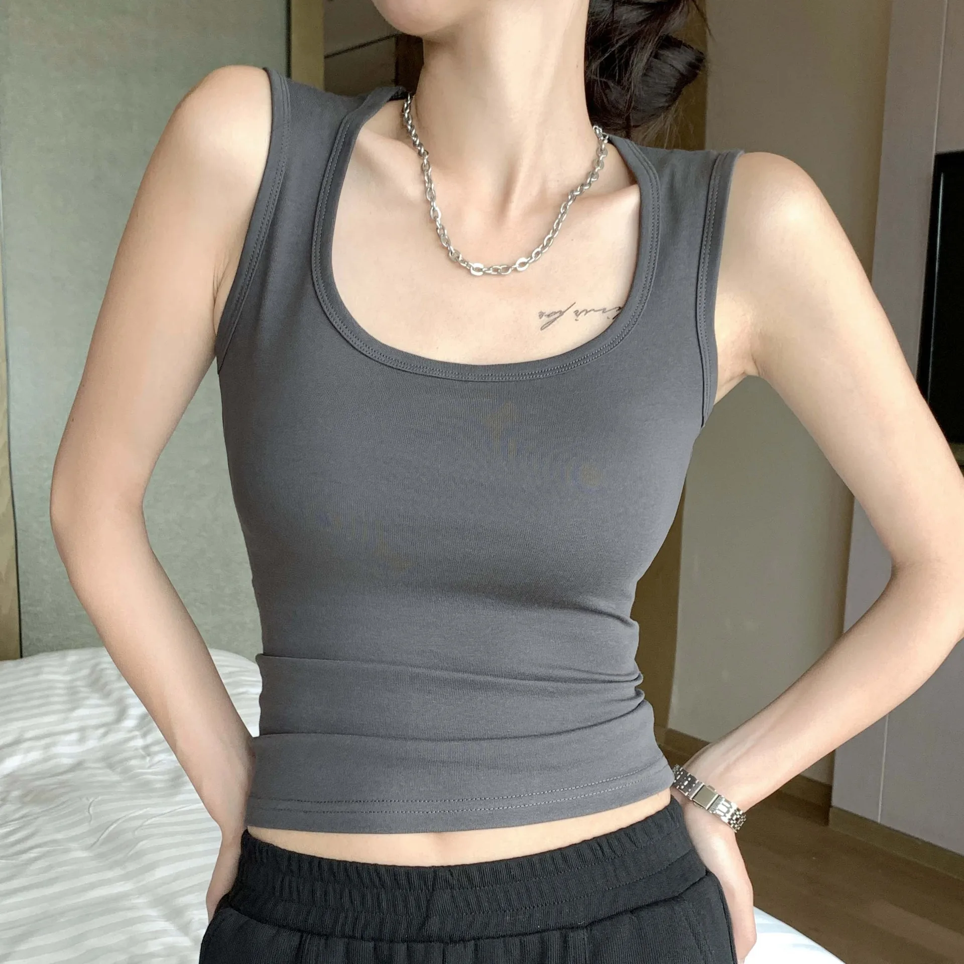 Women Wide Strap Tank Top Cotton Slim Fit Macaron Color 3D Effect Sweet Cute Summer Camisole Vest