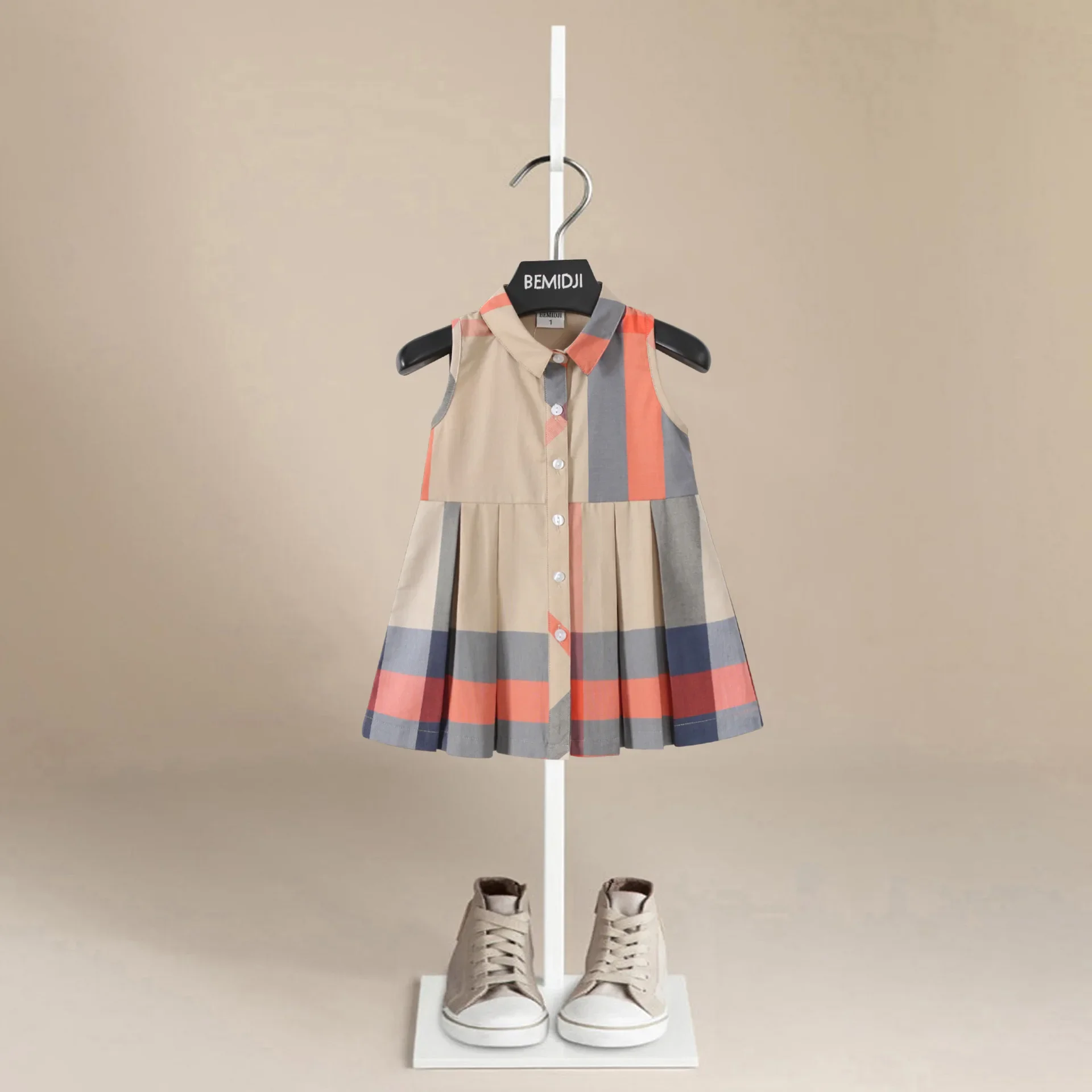 

Kids Shirt Dress for Girls Clothes New Summer Chidlren Casual Striped Plaid Sleeveless Shirt Princess Pleated Dress 1-6years