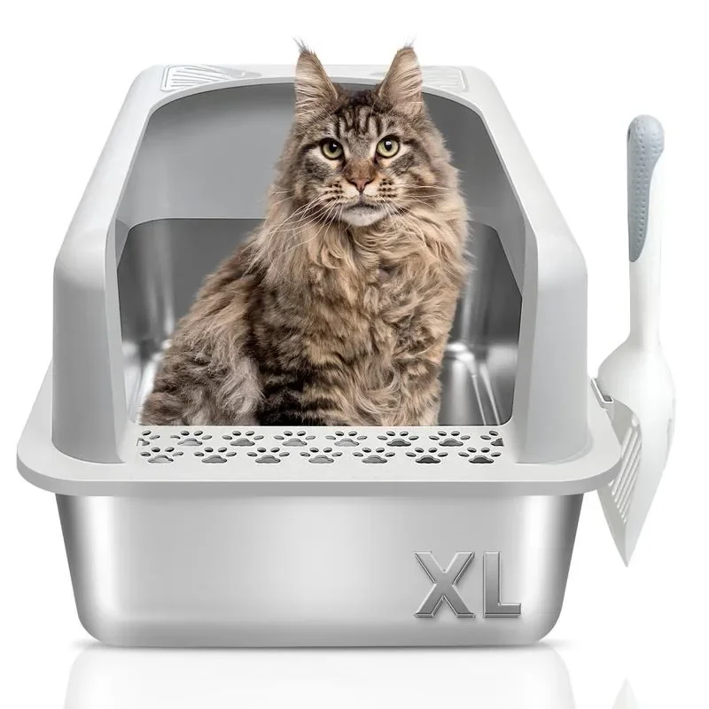 PTLOM Stainless Steel Cat Litter Box with Lid, Extra Large Metal Litter Box with High Wall, Odorless, Anti-Leakage, Non-Sticky