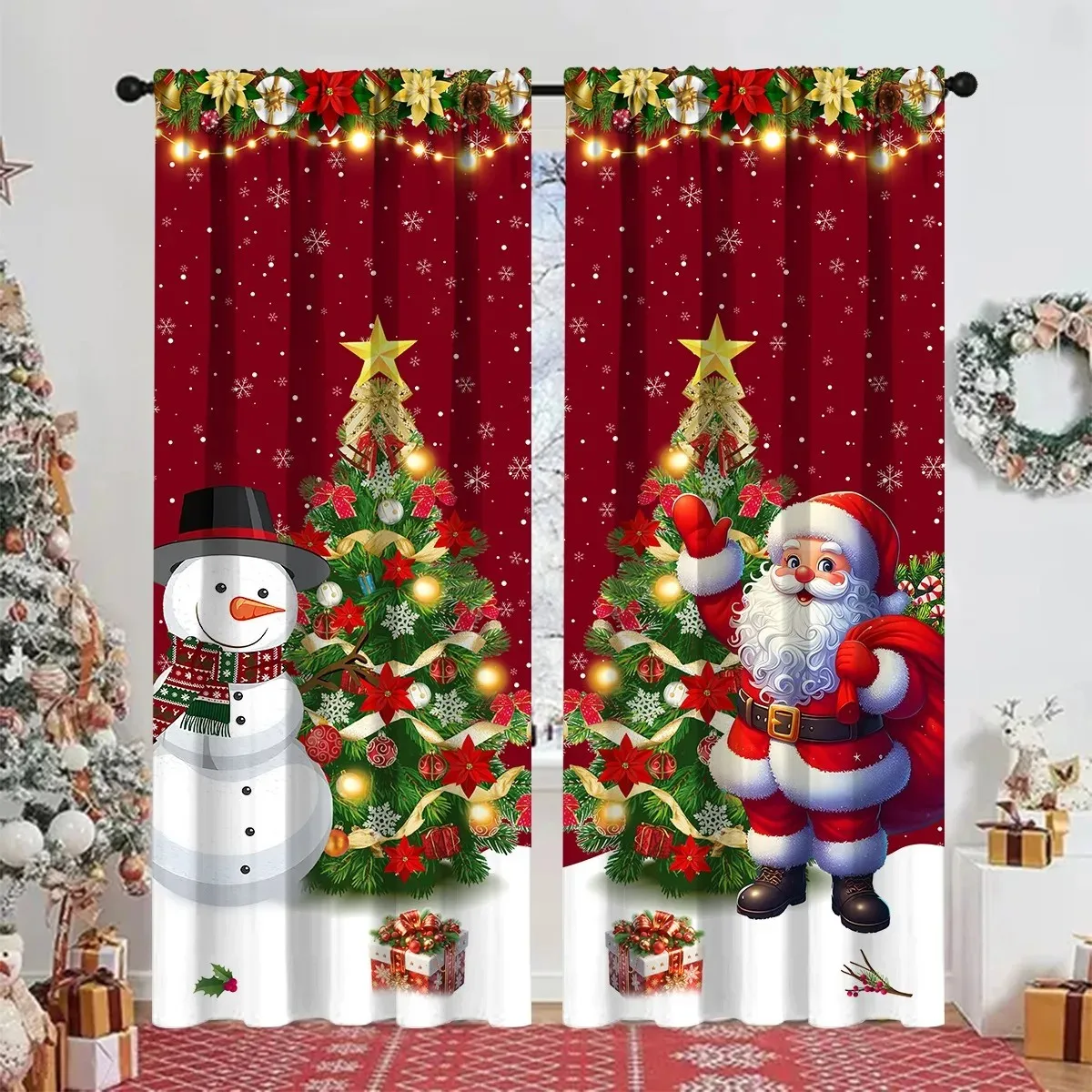 2PCS Digital Print Curtain, Snowman and Santa with Christmas Tree on Red Snowflake Background, Festive, for Window Home Decor