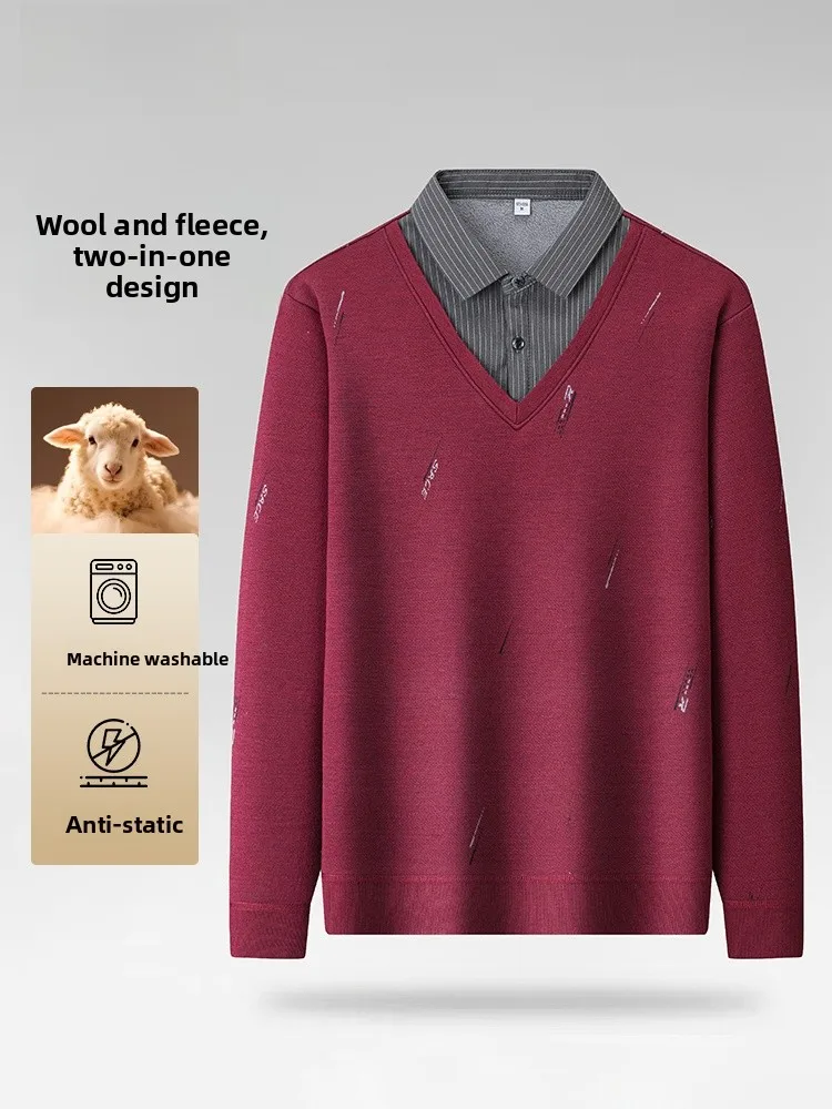 

Busin Casual Long Sve Knitted Sweater for Men Middle-Aged And ly Dad Sle Faux Two-Piece Polyester Fiber Winter Warm