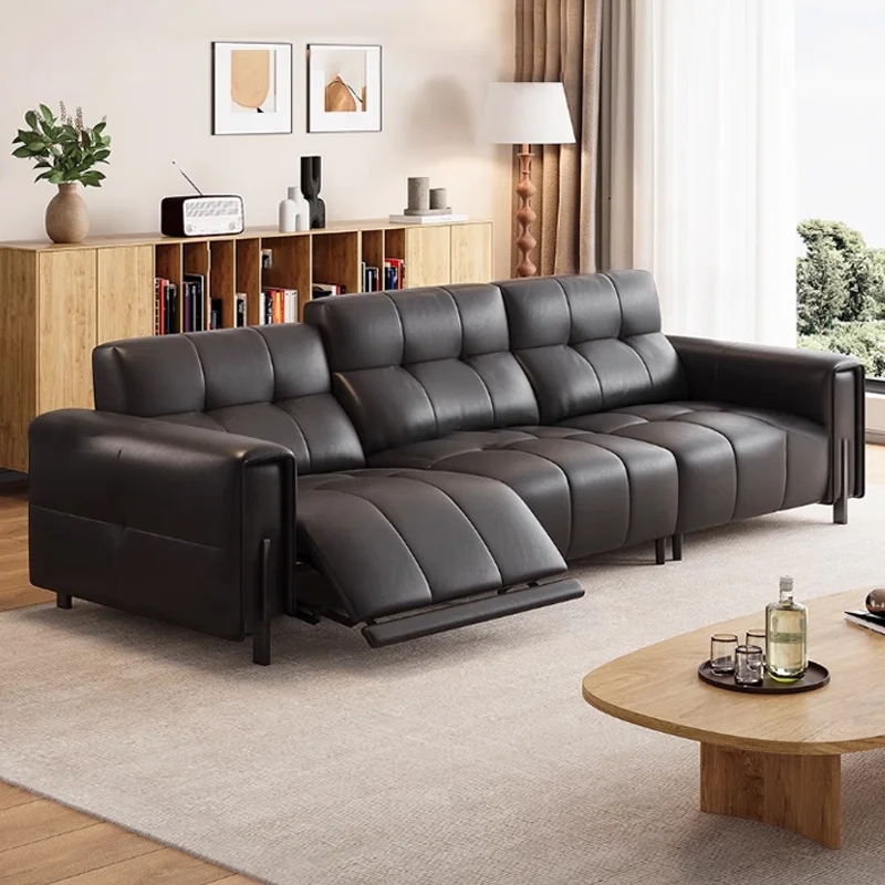 -ss Leather Electric Function Multi-Person Sofa Minimalist Living Room Adjustable Head Layer Cowhide In-Line Sofa