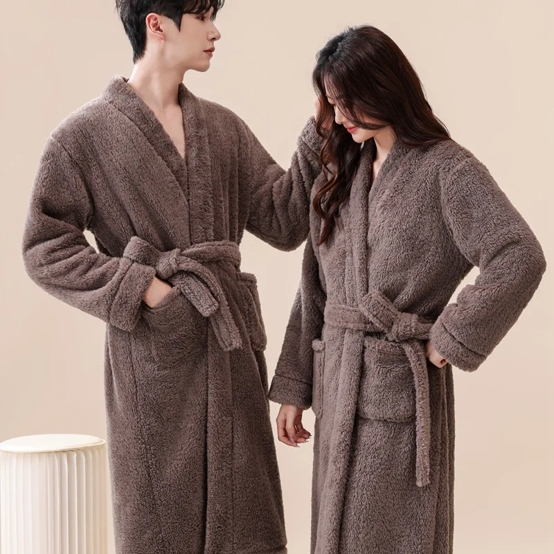 Autumn Winter New Coral Fleece Couple Robe Thicken Bathrobe Sleepwear Long Sleeve Lace-Up Home Clothes Dressing Gown Nightwear