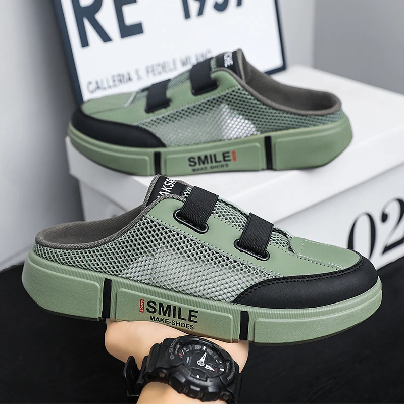 

2025 Summer Mesh Sneaker Semi-Drag Men Casual Shoes Half Shoes For Men Loafer Mules Slipper Outdoor Backless Flats Man Slides