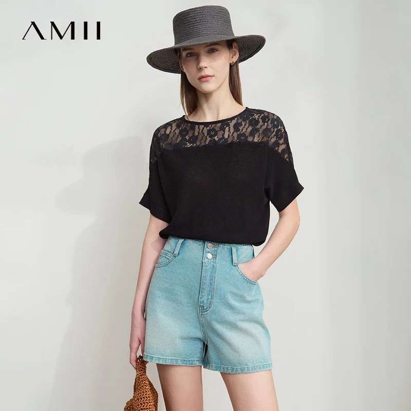 

AMII Causal Sweater For Women 2025 Summer New Round Neck Short Sleeve Lace Top Woman Fashion Loose Office Lady Sweaters 12552055