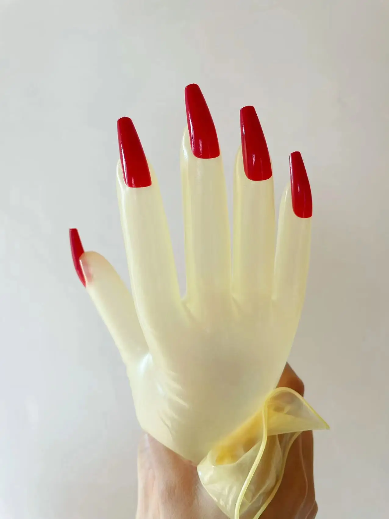 Oil Shiny Transparent Super Thin Latex Zentai Long Gloves With Red Nails Sheer Cosplay Kigurumi Gloves For Crossdresser