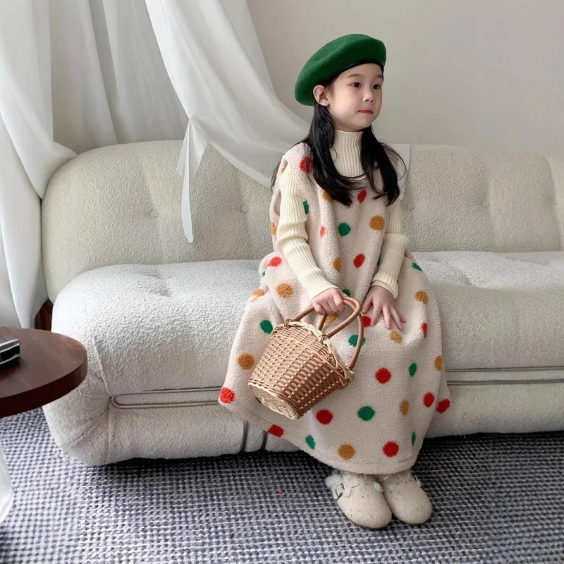 

Girls' Dress Winter New Colorful Sleeveless Princess Dress Baby Girl Lamb Wool Thickened Warm Vest Dress Trendy