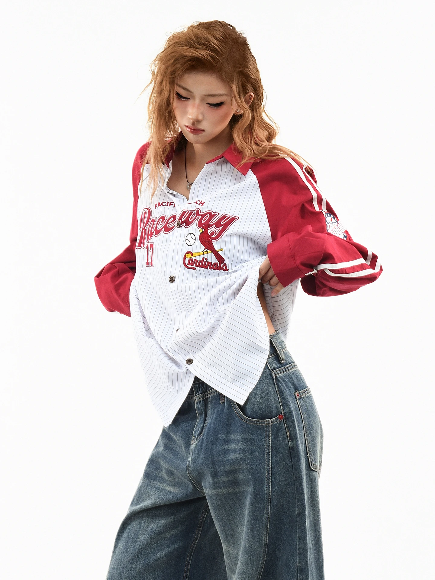 

Оригинальная американская рубашка OV в полоску с длинным рукавом и свободным воротником, женская весенняя рубашка в студенческом стиле свободного кроя для пар