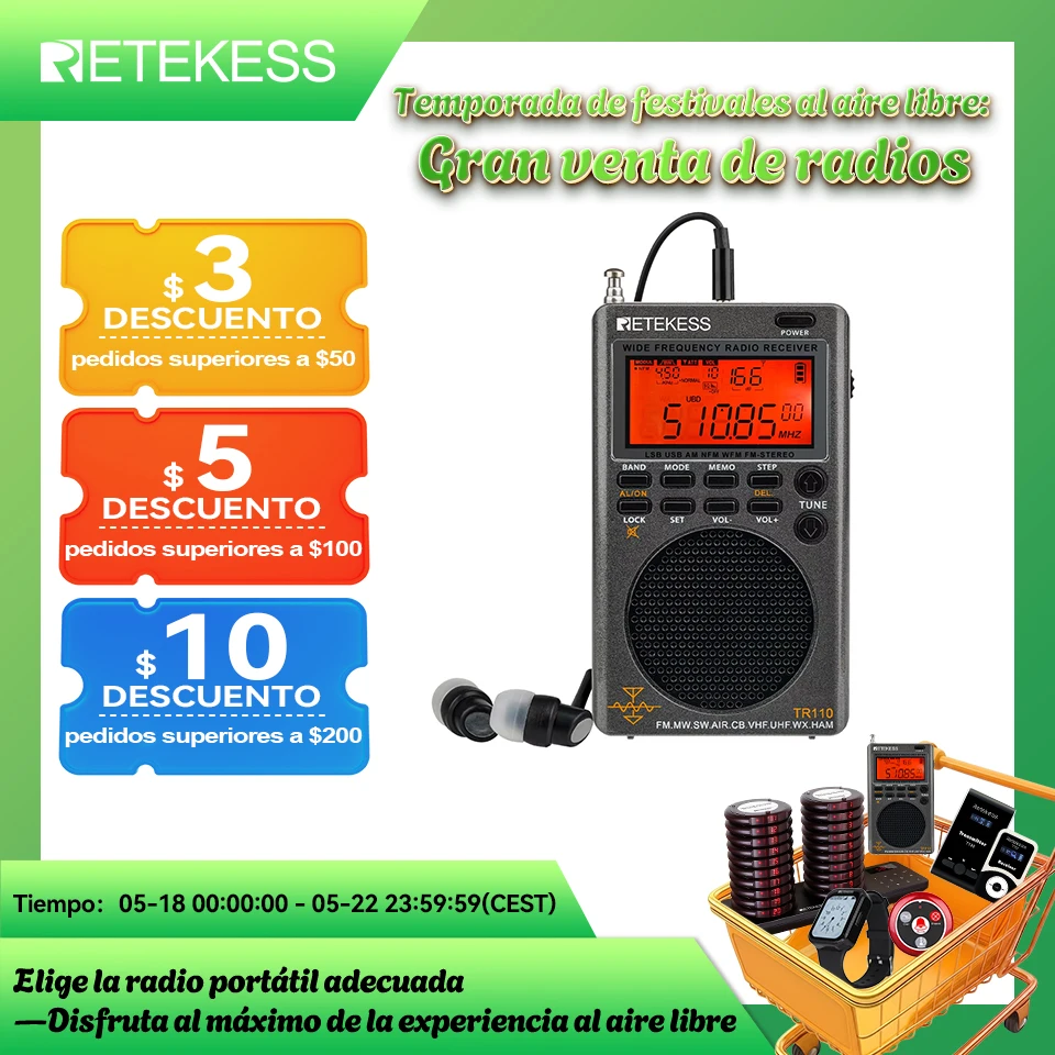 RETEKESS TR110 Radios Portatil AM FM Recargable Receptor Radio Multibanda CB Banda Aerea Onda Corta Ssb Todas Las Olas Banda Completa Jamon Receptor De Radio MW SW LSB VHF UHF para regalo