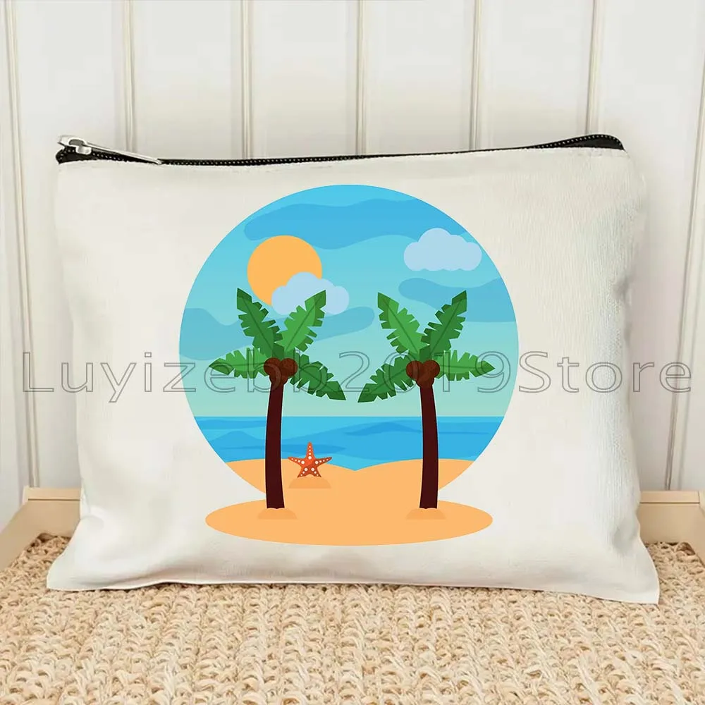 Ocean Waves Sunshine Beach Sunset Sunrise Landscape Palm Trees Watercolor Painting Canvas Cosmetic Travel Makeup Bag Case Pouch