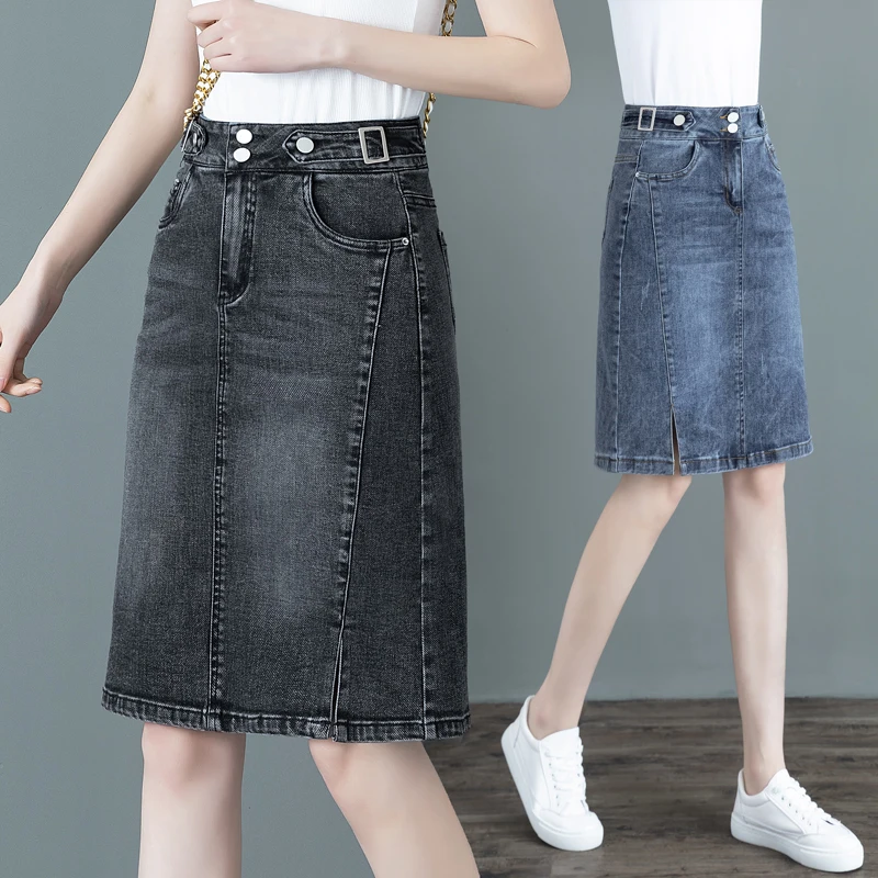 

Джинсовая юбка миди А-силуэта с высокой талией и разрезом, корейский стиль, стройнящая, женская, модная, весна-осень, новинка