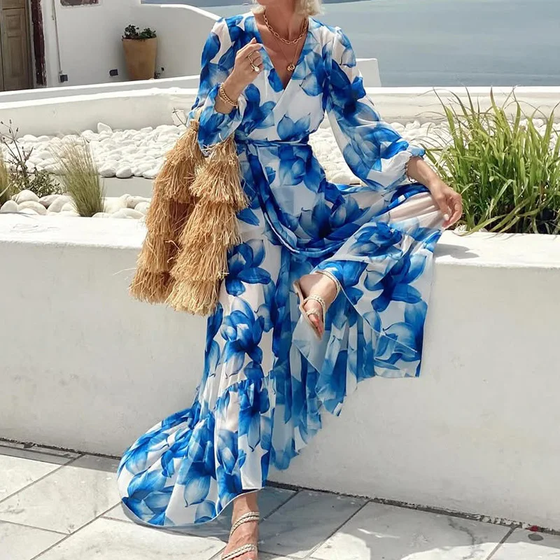 Outono nova senhora cintura alta split bohe vestido estilo férias lanterna manga longa vestido de noite moda com decote em v impresso vestido de festa