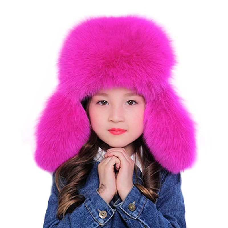 

100% Real Fox Fur Hats Russian Ushanka Aviator Trapper Snow Ski Hat Earflap Caps Winter Raccoon Fur Bomber Children's Warm Hat