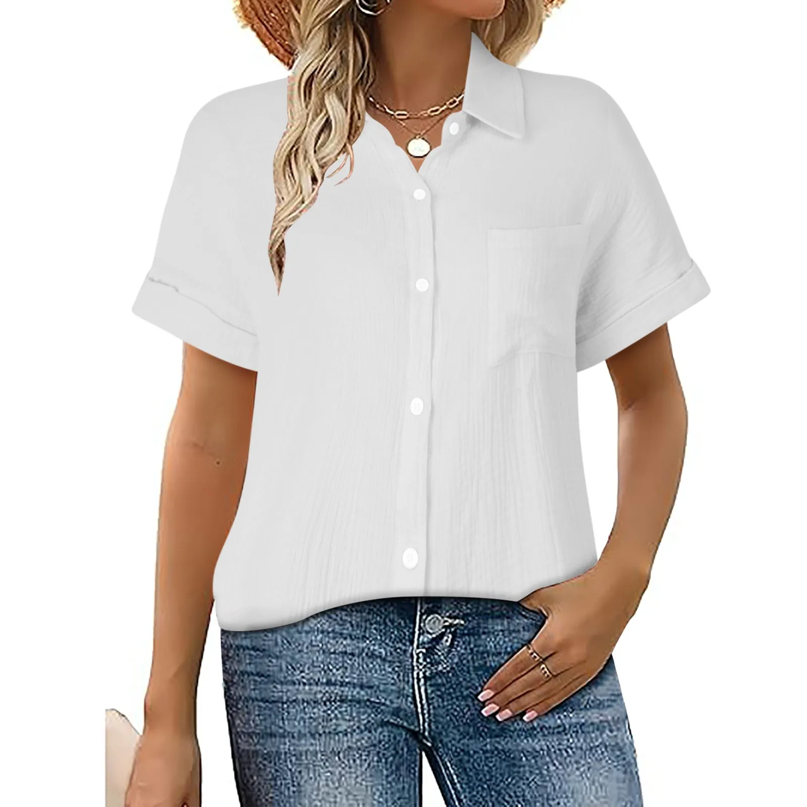 Womens Button Down Shirts Casual Short Sleeve Dress Shirt Textured Summer Work Blouse Elegant Cardigan OL Women Tops