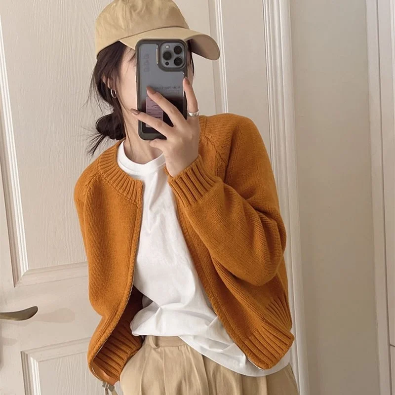 

Short Orange Sweater Women's Autumn New Style Western-style Knitted Cardigan Slim Fit Short Top