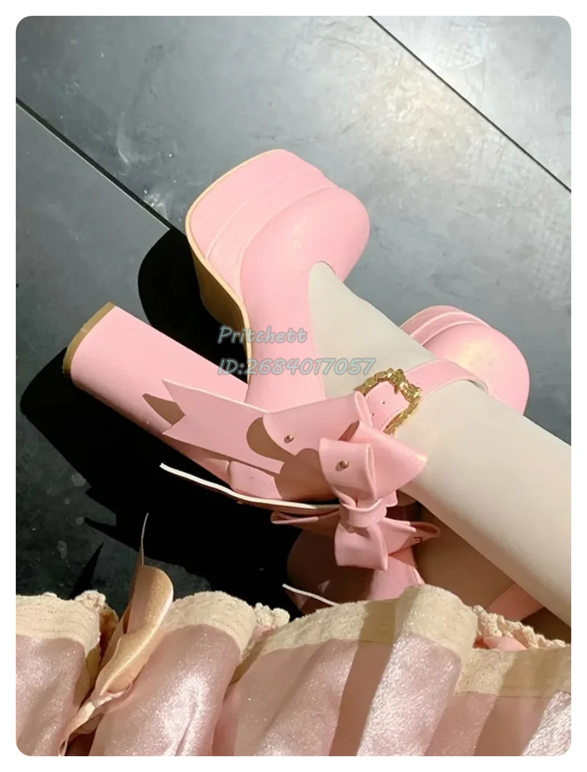 Platform Black Bow Accent High Block Heel Pumps Elegant Classic Lolita High Heels Ankle Strap Buckles Summer Dress Party 2024