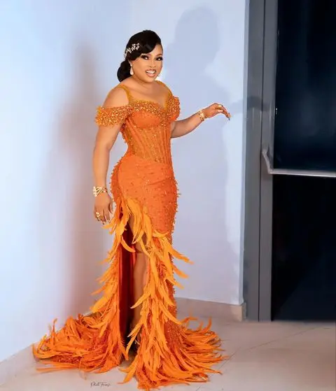 Plus Size African Formal Occasion Dresses Luxury Feathers Beaded Orange Prom Dress Nigerian Aso Ebi Style Party Gown Custom Made