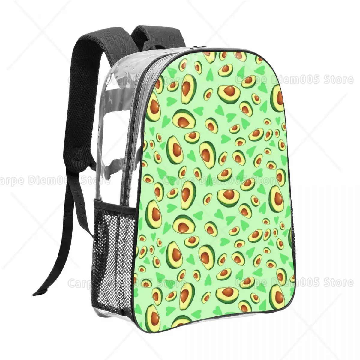 

Cute Avocado Print Backpack with Green Hearts, Clear Transparent Design, Lightweight School Bag for Teens Adults Print
