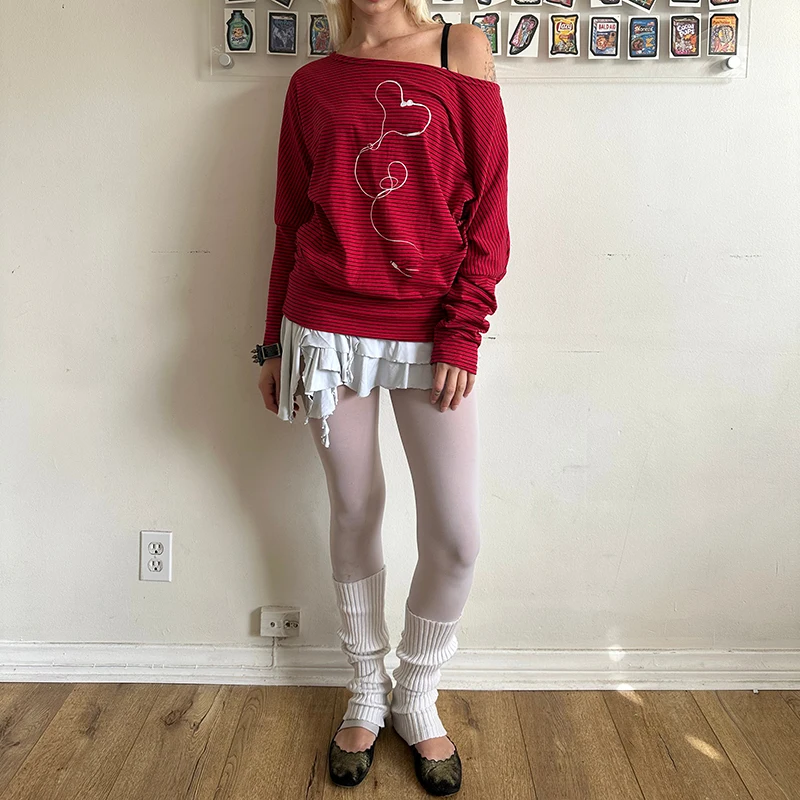 E-สาว Cyber Grunge เสื้อยืดลาย Harajuku ปิดไหล่แขนยาวชุดผู้หญิง Preppy Vintage Y2k ชุดสั้น