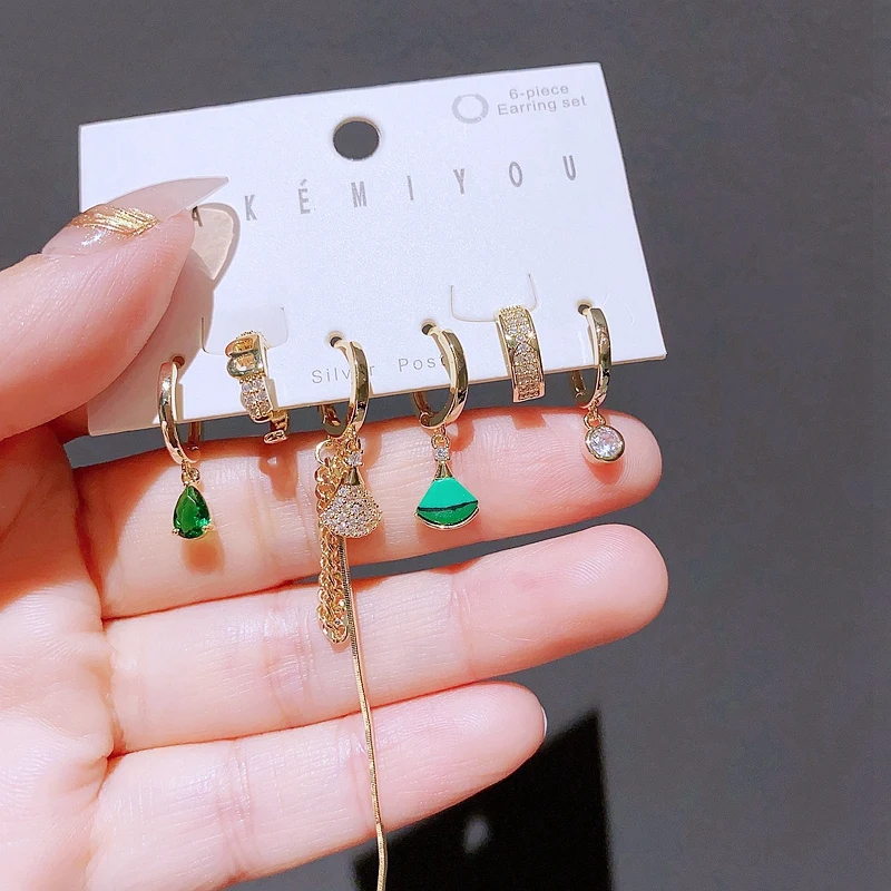 6pcs Design Green Stone Water Drop Fan Shaped Dangle Earrings Set for Women Gold Color Copper Jewelry