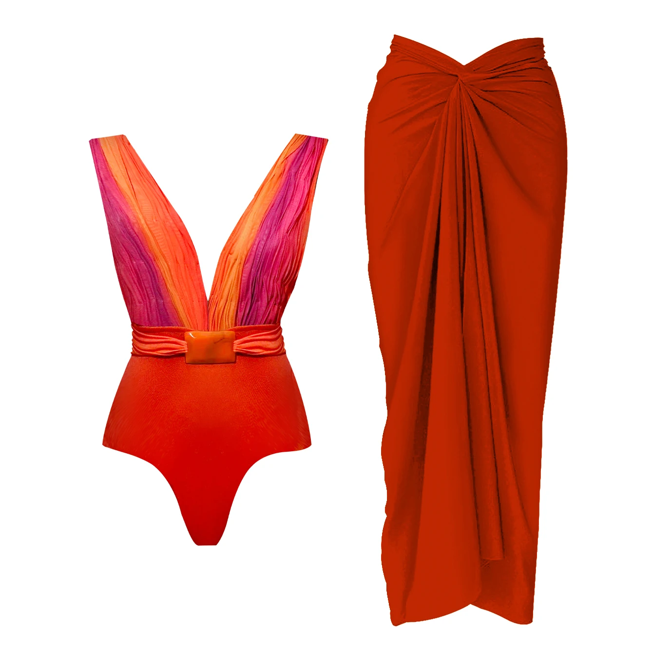 2Piece Deep V Swimsuit With Long Skirt Women Sexy Swimwear Female Bikini Shiny Button Biquini Swim Suit Print Bodysuit Beachwear image 2