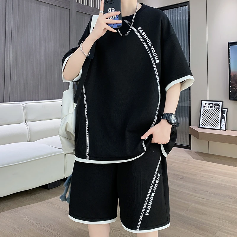 High Quality Oversized Men's Suit S-6XL Summer Black Sports Set Breathable T-shirt Shorts 2-piece Set Trendy Men's Clothing 2025